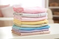 a stack of neatly folded pastel-colored baby clothes