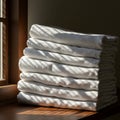 A stack of neatly folded white towels is placed on a wooden surface, adjacent to a Royalty Free Stock Photo