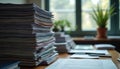 Stack of neglected paperwork on desk in office, disorganization, work overload, pending tasks. Customer complaints, documents pile Royalty Free Stock Photo