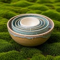 A stack of nested ceramic bowls is placed on a lush, green mossy surface Royalty Free Stock Photo