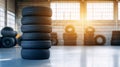 Stack of New Car Tires in Garage with Sunlight AI generated. Royalty Free Stock Photo