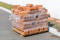 A stack of new orange bricks on a wooden pallet on a city street. Store warehouse or construction site. Construction Royalty Free Stock Photo