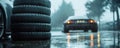 Stack of new tires and a blurred car in the background during rainy night driving scene Royalty Free Stock Photo