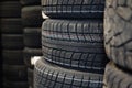 Stack of new tires sale at the auto shop. Pile of tires in stock