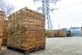 Stack of new wooden boards and studs at the lumber yard. Wooden Royalty Free Stock Photo