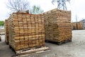 Stack of new wooden boards and studs at the lumber yard. Wooden Royalty Free Stock Photo