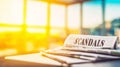 Stack of newspapers with a bold headline SCANDALS, representing current affairs, media, and public disclosure Royalty Free Stock Photo