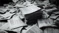 Stack of newspapers with loose papers in black and white journalism and media concept Royalty Free Stock Photo