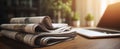 The stack of newspapers resting beside a laptop in a cozy workspace..AI generated image Royalty Free Stock Photo