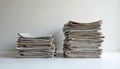 Stack of newspapers on white background. Two piles of folded papers. Collection of old news. Information and media concept. Royalty Free Stock Photo