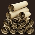 A stack of nine rolled parchment scrolls arranged in a pyramid shape against a dark Royalty Free Stock Photo