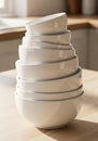 Stack of nine white ceramic bowls arranged in a spiral fashion on a wood Royalty Free Stock Photo