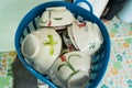 Stack of noodles bowl in plastic baskets