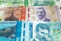 Stack of Norwegian krone and Serbian Dinar Royalty Free Stock Photo