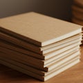 A stack of notebooks with brown kraft paper covers is neatly arranged on a wooden Royalty Free Stock Photo