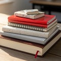 A stack of notebooks and journals is arranged on a wooden surface Royalty Free Stock Photo