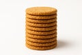 Stack of oatmeal digestive biscuits tall column with each biscuit slightly offset to show rough oat edges on white Royalty Free Stock Photo