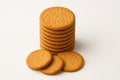 Stack of oatmeal digestive biscuits top down composition with stack centered and two loose biscuits fanned at the base on white Royalty Free Stock Photo