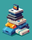 A stack of obsolete video game consoles their controllers covered in dust and forgotten in favor of new and improved
