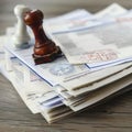 Stack of official documents with rubber stamps on a wooden table, representing bureaucracy, administration, and paperwork Royalty Free Stock Photo