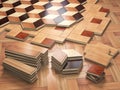 Stack ofr parquet wooden planks. Few types of wooden parquet coating.