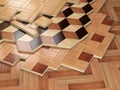 Stack ofr parquet wooden planks. Few types of wooden parquet coating.