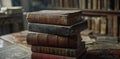 Stack of old books on antique table in vintage library