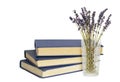 Stack of old books with blue cover and bouquet of lavender in a glass vase isolated on white Royalty Free Stock Photo