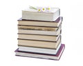 A stack of old books. bouquet of flowers from daisies on a white background Royalty Free Stock Photo