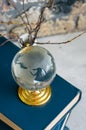 Stack of old books, branches in vase, glass globe, grunge brick Royalty Free Stock Photo