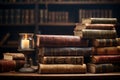 Stack of Old Books and Candle on Table Created With Generative AI Technology Royalty Free Stock Photo