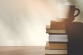 Stack old books with a cup of freshly coffee on wooden table in sunlight morning Royalty Free Stock Photo