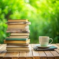 Stack of Old Books and a Cup of Tea on a Wooden Table Outdoors Royalty Free Stock Photo