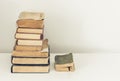 Stack of old books education retro concept background, many books piles with copy space for text Royalty Free Stock Photo