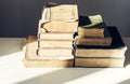 Stack of old books education retro concept background, many books piles with copy space for text Royalty Free Stock Photo