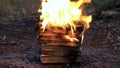 A stack of old books on fire burns on the ground Royalty Free Stock Photo