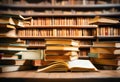 A stack of old books and flying book pages against the background of the shelves in the library Royalty Free Stock Photo