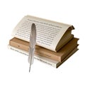 A stack of old books with handwritten text and a feather quill on a white background studio shot Royalty Free Stock Photo