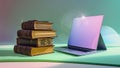 Stack of old books next to a modern laptop on a green surface in a studio setup Royalty Free Stock Photo