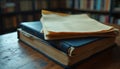 Stack of old books and papers on wooden table. Aged documents lie on blue hardcover volume in library. Research materials for Royalty Free Stock Photo