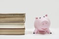 Stack of old books with a piggy bank Royalty Free Stock Photo