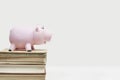 Stack of old books with a piggy bank on top Royalty Free Stock Photo