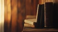 Stack of old books resting on a rustic wooden shelf with a warm, inviting atmosphere and space for personal thoughts Royalty Free Stock Photo