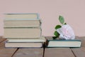 Stack of old books with rose