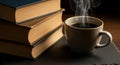 Cozy Reading Nook Stack of Books and Steaming Cup of Coffee Royalty Free Stock Photo