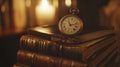 A stack of old books with a vintage pocket watch resting on top, soft ambient lighting. pic Royalty Free Stock Photo