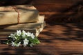 A stack of old books on a wooden background with a sprig of a flowering tree. the concept of memorabilia