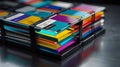 A stack of old, colorful floppy disks on a futuristic glass table