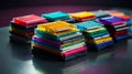 A stack of old, colorful floppy disks on a futuristic glass table