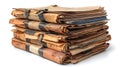 Stack of old documents files folders tied with straps on white background